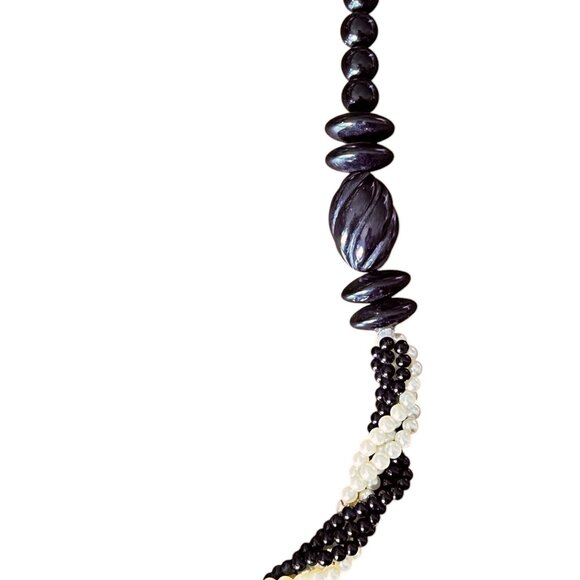 Black Stone & White Beaded Twisted Necklace With Large Black Accents Multistrand - Picture 3 of 6
